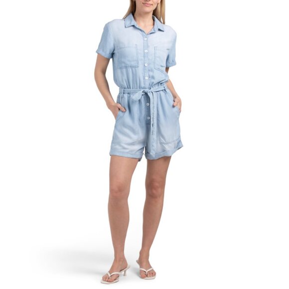 BELLA DAHL Salt Denim Wash Rolled Hem Utility Romper